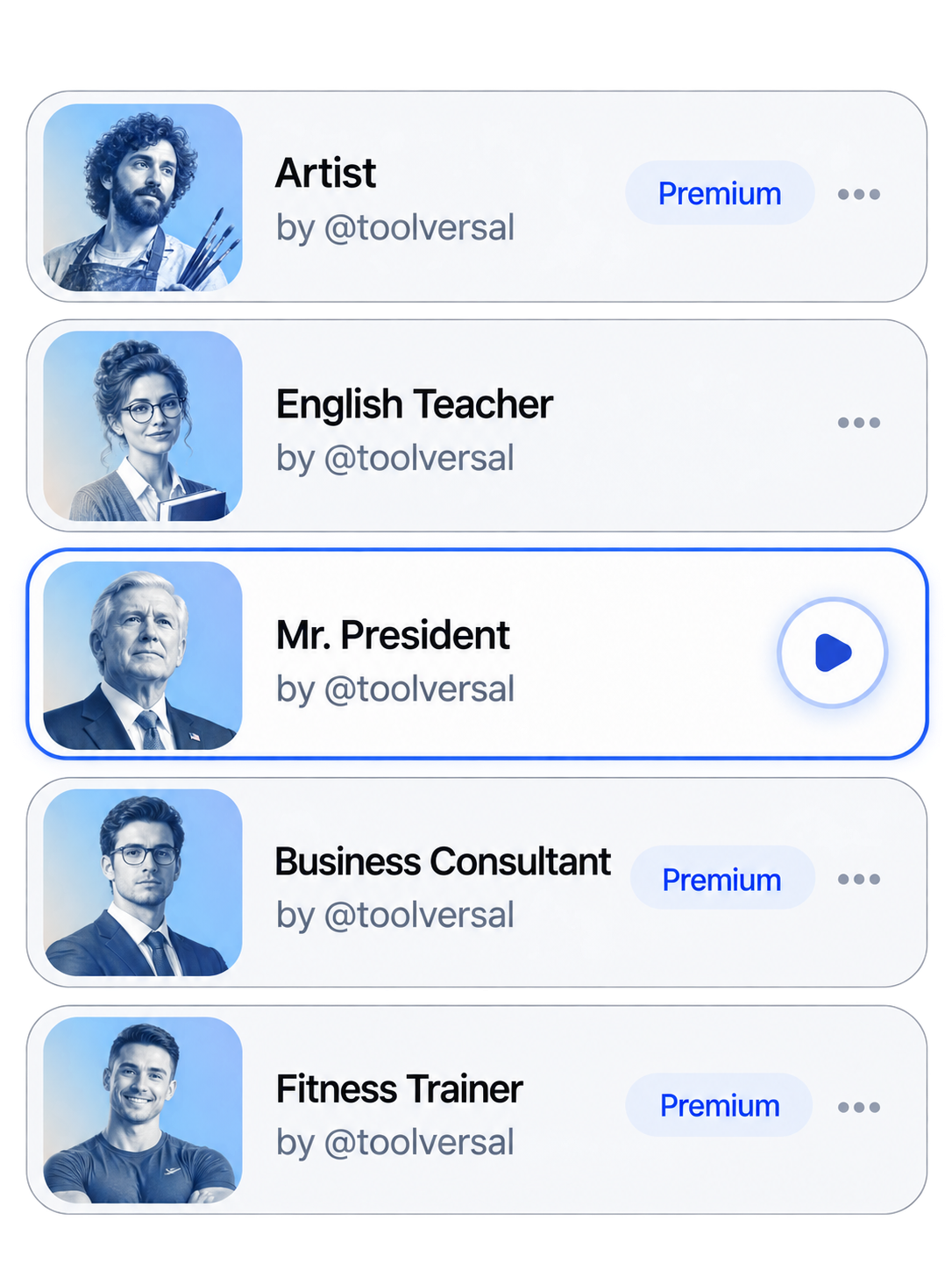 Toolversal TTS voice profiles — Artist, English Teacher, Mr. President, Business Consultant, and Fitness Trainer